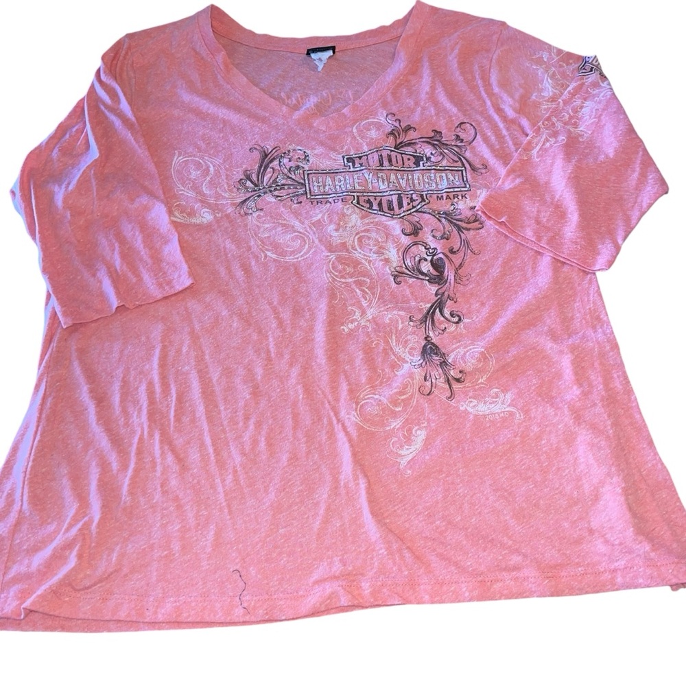 Harley Davidson Women’s 3/4 Sleeve V Neck Lightweight Tunic Heather Pink/Peach